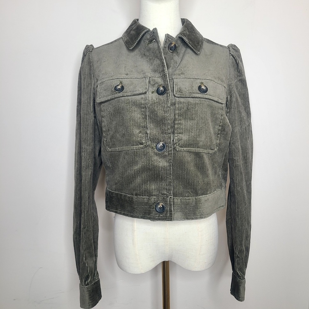 Boden Cotton Button Up Chore Jacket 6 Olive Green Corduroy Pockets Cropped